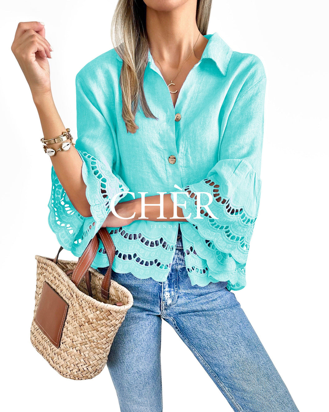 Turquoise Broderie Linen Blouse